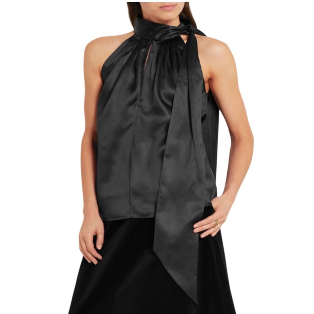 Saint Laurent Paris SS16 Black Silk Halter Tie Neck Blouse FR 34 Sleeveless Top